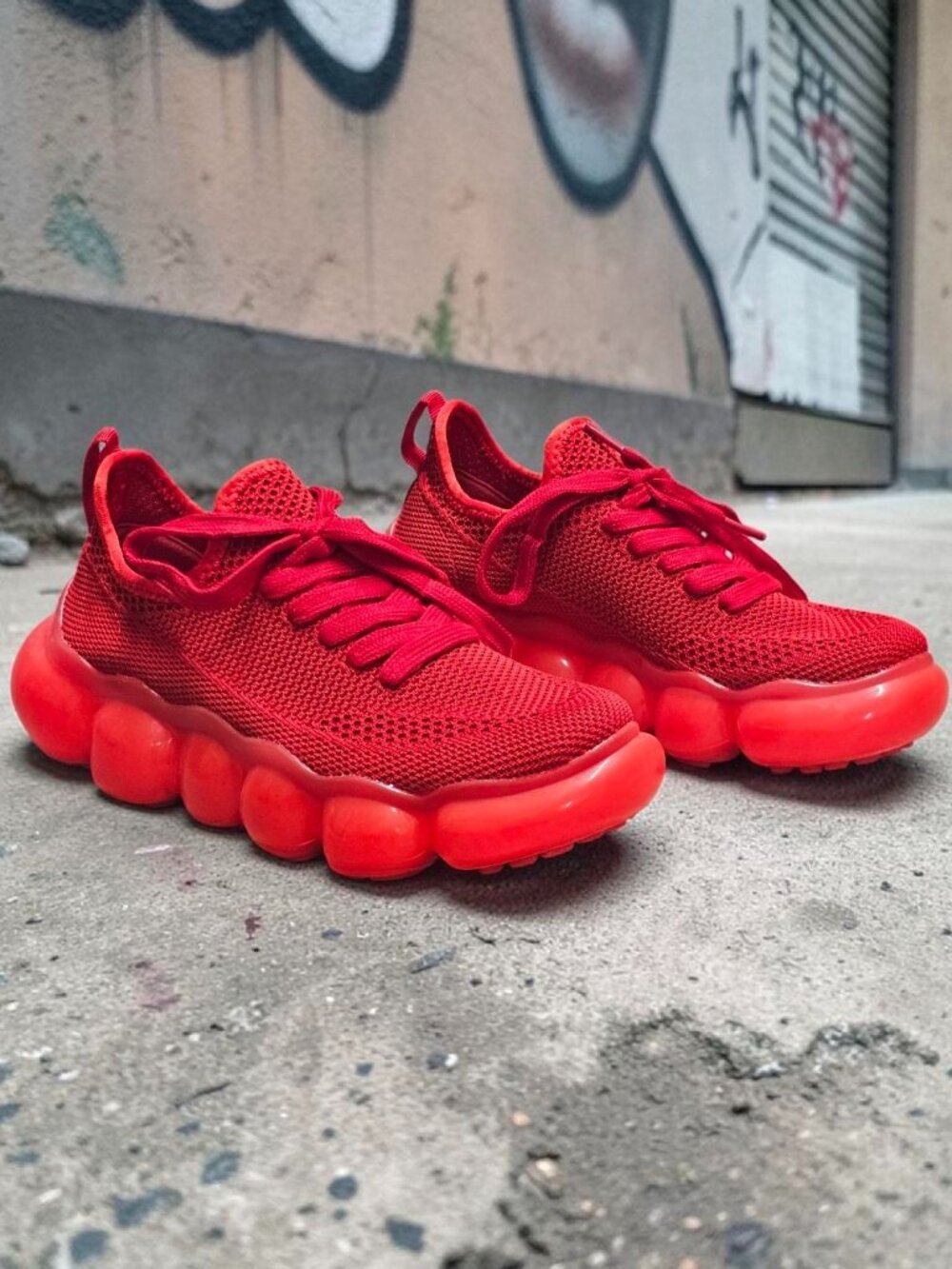 Red Mesh Athletic Sneakers With Bubble Sole - Breathable Lightweight Design For